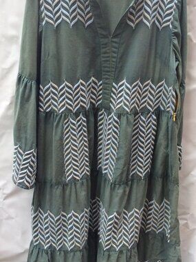 100% Thick LINEN Boho Chic Embroidered Maxi Dress - Fits L